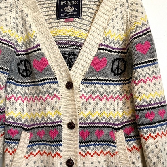 VS PINK peace, love and pink fair isle hoodie heavy knit cardigan sweater - Picture 12 of 14